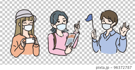 マスクをつけた旅行客とツアーガイド 96372787