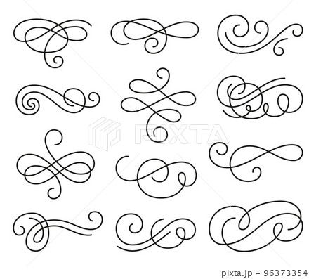 Calligraphic swirl ornament, line style flourishes set. Filigree ornamental curls. Decorative design elements for menu, certificate, diploma, wedding card, invatation, outline text divider 96373354