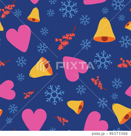 Colourful seamless pattern with Christmas symbols, snowflake, bell, heart, winterberry on dark blue background. Colourful seamless pattern with Christmas symbols, snowflake, bell, heart, winterberry on dark blue background. 96373366