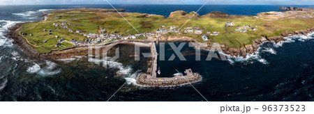 Aerial view of the settlement An Baile Thiar or West Town on Tory Island and harbour, County Donegal, Republic of Ireland Aerial view of the settlement An Baile Thiar or West Town on Tory Island and harbour, County Donegal, Republic of Ireland 96373523