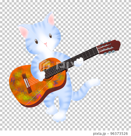 ネコが楽しそうにギターを弾いているイラスト 96373526