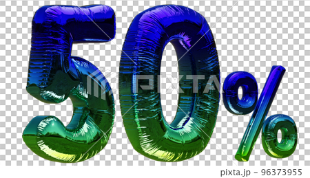 5割引き。50%。青と緑色のグラデーションの光沢のあるバルーンの文字 5割引き。50%。青と緑色のグラデーションの光沢のあるバルーンの文字 96373955