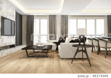 3d rendering modern dining room and living room with luxury decor 96374089