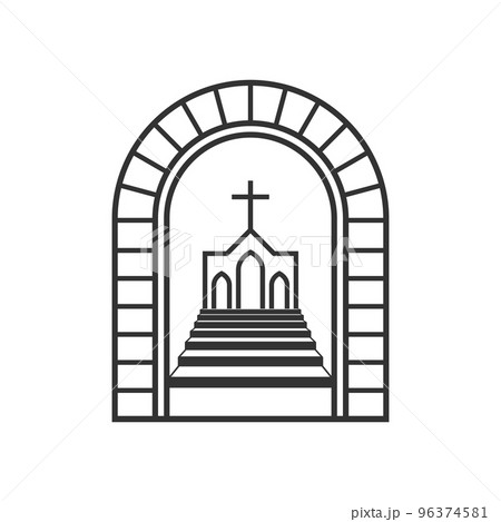 Christian illustration. Church logo. Staircase in the arch leading to the cross of Christ. 96374581