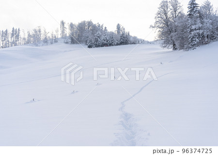 Snow covered field in Switzerland- the perfect weather for hiking 96374725