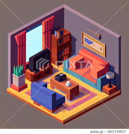 3d illustration isometric interior cute design. Living room includes a lot of voluminous objects and details. 96374807