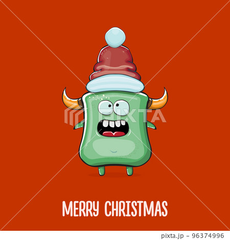 Vector cartoon funky green monster with Santa Claus red hat isolated on red background. Funny and cute Childrens Merry Christmas greeting card with funny green monster elf Santa Claus character. 96374996