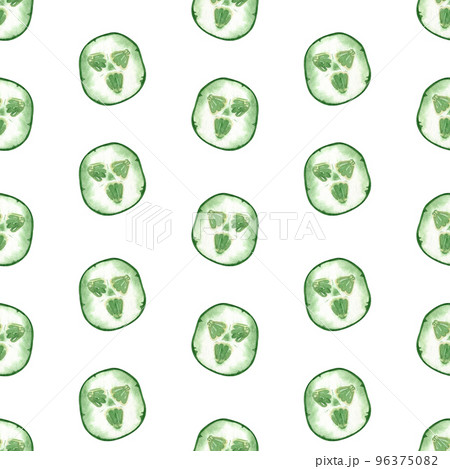 Seamless pattern on a white background. Cucumber slices hand-painted in watercolor on a white background. Suitable for printing on paper, fabric, kitchen design, scrapbooking and creativity Seamless pattern on a white background. Cucumber slices hand-painted in watercolor on a white background. Suitable for printing on paper, fabric, kitchen design, scrapbooking and creativity 96375082
