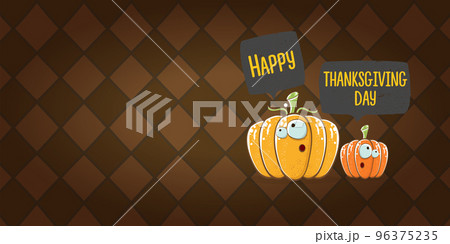 Funny Thanksgiving day horizontal banner with vector funny cartoon cute smiling friends pumpkins isolated on brown background. Thanksgiving day cute banner and label design template with pumpkins 96375235