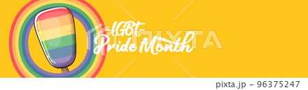 Happy pride month wide horizontal banner with pride color flag ice cream isolated on orange background. LGBT Pride month or pride day poster, invitation party card with popsicle 96375247