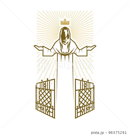Christian illustration. Silhouette of king Jesus Christ in God's kingdom. Christian illustration. Silhouette of king Jesus Christ in God's kingdom. 96375291