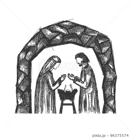 Nativity scene with Holy Family one line drawing tasmeemMEcom