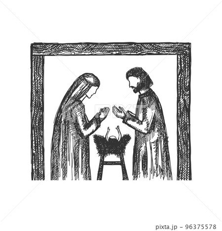 A drawing of a nativity scene. Joseph and Mary with little Jesus in a stable, a cave. 96375578