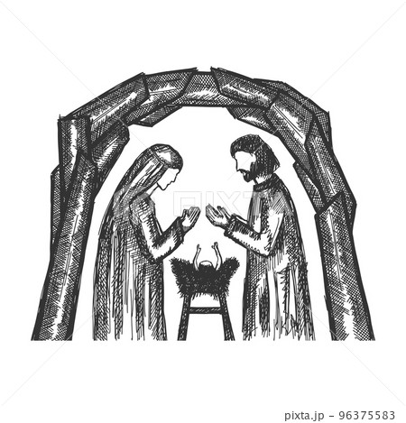 A drawing of a nativity scene. Joseph and Mary with little Jesus in a stable, a cave. A drawing of a nativity scene. Joseph and Mary with little Jesus in a stable, a cave. 96375583