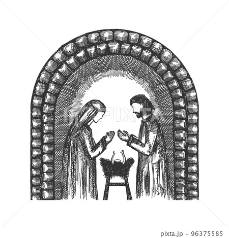 A drawing of a nativity scene. Joseph and Mary with little Jesus in a stable, a cave. 96375585