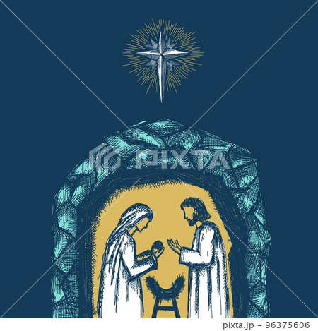 A drawing of a nativity scene. Joseph and Mary with little Jesus in a stable, a cave. 96375606