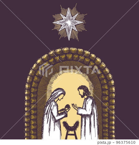 A drawing of a nativity scene. Joseph and Mary with little Jesus in a stable, a cave. 96375610