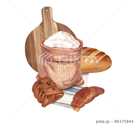 Watercolor banner for bakery and sweet pastry shop bread. Rye bread, flour, wheat baguette and bun, croissant. Background for your design: restaurant menu element, recipe cooking book. Watercolor banner for bakery and sweet pastry shop bread. Rye bread, flour, wheat baguette and bun, croissant. Background for your design: restaurant menu element, recipe cooking book. 96375844