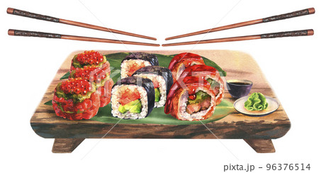 Hand drawn watercolor sushi set and soy with wasabi on wooden board with chopsticks, isolated on white background. Food design. 96376514