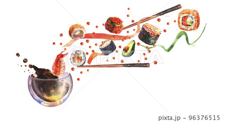 Watercolor composition with sushi, splash sause, ingredient for sushi on white background. 96376515