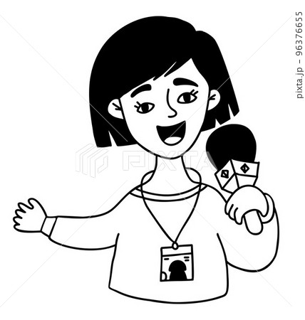 Cute girl journalist leading with microphone. Vector illustration in linear doodle style. Conceptual woman character, modern profession and journalism, work and reporting, media and television 96376655