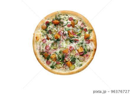 Creamy pizza with brisket, sausage, egg and pickled cucumber. view from the top 96376727