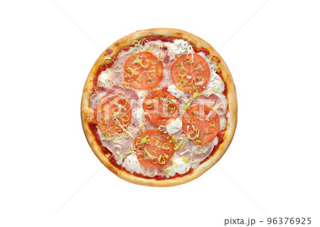 Pizza with mozzarella cheese, brisket, ham and onion isolated on white background. Top view 96376925