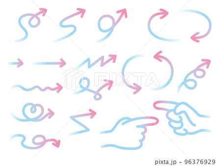 様々な形の矢印セット02（手書き・ピンクから水色・グラデーション） 96376929