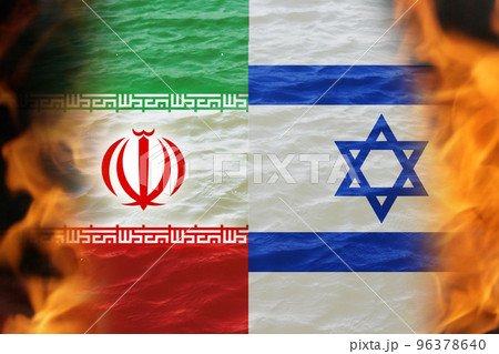 Defocus Israel Iran national flags. News, reportage, business background. Israel vs Iran. Battle of two countries. Fire flame. Out of focus 96378640