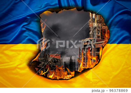 Ukraine country flag with fire and destroyed city 96378869