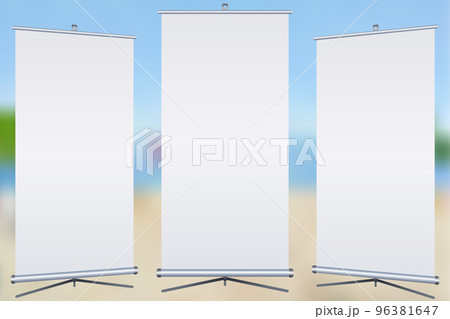 Blank roll-up banner isolated on colourful background. Set. Design template blank for designers. Flipchart for training or promotional presentation. Vertical. Vector illustration EPS 10 96381647
