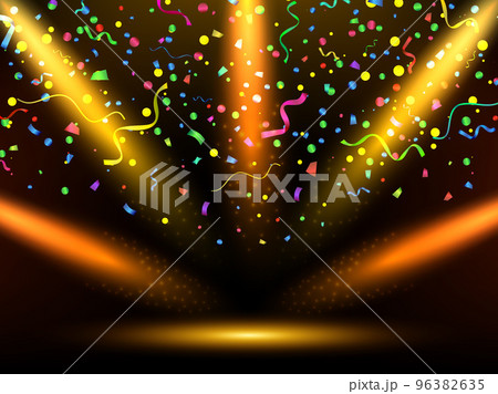 Stage with colorful yellow lights. Celebration. Vector serpentine and confetti. Background. Podium, road, pedestal or platform illuminated by spotlights. Vector. Stage with colorful yellow lights. Celebration. Vector serpentine and confetti. Background. Podium, road, pedestal or platform illuminated by spotlights. Vector. 96382635