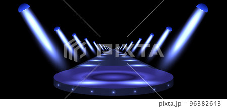 Podium, road, pedestal or platform illuminated by spotlights on black background. Stage with scenic lights. Vector illustration 96382643
