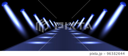 Podium, road, pedestal or platform illuminated by spotlights on black background. Stage with scenic lights. Vector illustration 96382644