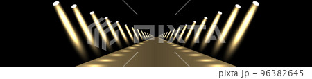 Podium, road, pedestal or platform illuminated by spotlights on black background. Stage with scenic lights. Vector illustration 96382645