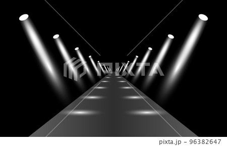 Podium, road, pedestal or platform illuminated by spotlights on black background. Stage with scenic lights. Vector illustration 96382647