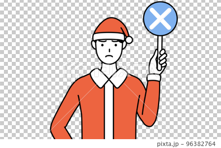 A man in a Santa Claus costume with a cross stick indicating an incorrect answer 96382764