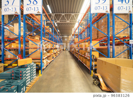 Interior of large warehouse retail store industry. Rack of furniture and home accessories stock storage. Interior of cargo in ecommerce and logistic concept. Depot 96383126