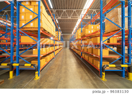 Interior of large warehouse retail store industry. Rack of furniture and home accessories stock storage. Interior of cargo in ecommerce and logistic concept. Depot 96383130