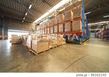 Interior of large warehouse retail store industry. Rack of furniture and home accessories stock storage. Interior of cargo in ecommerce and logistic concept. Depot Interior of large warehouse retail store industry. Rack of furniture and home accessories stock storage. Interior of cargo in ecommerce and logistic concept. Depot 96383140
