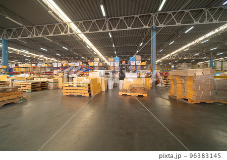 Interior of large warehouse retail store industry. Rack of furniture and home accessories stock storage. Interior of cargo in ecommerce and logistic concept. Depot 96383145