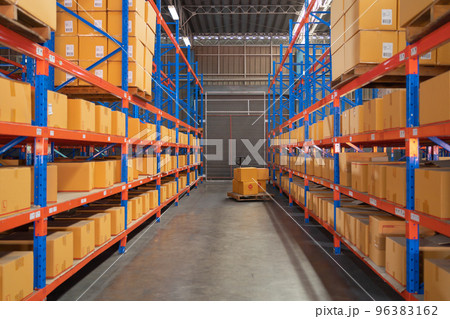 Interior of large warehouse retail store industry. Rack of furniture and home accessories stock storage. Interior of cargo in ecommerce and logistic concept. Depot 96383162