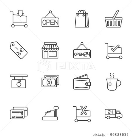 Convenience store icon set, Super market and shopping mall, shopping cart, shop, basket, dalivery, pocket money, Vector thin line icon 96383655
