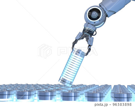 Automation battery manufacturing with 3d rendering li-ion or rechargeable battery produced by robotic arm on white background 96383898