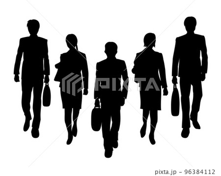 歩き出す大勢の会社員のシルエットイラスト 96384112