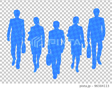 Silhouette illustration of a large number of office workers walking out Check pattern 96384113