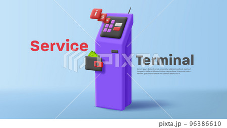 Services terminal with tiles pop up from the touchscreen and wallet with cash money Services terminal with tiles pop up from the touchscreen and wallet with cash money 96386610