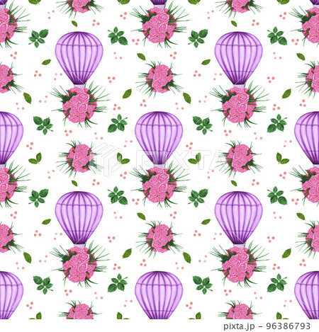 Watercolor purple hot air balloon with roses seamless pattern. Hand painted illustration on white background. For design, prints, fabric or background. 96386793