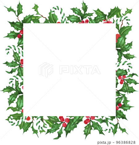 Hand drawn watercolor holly twig and candy cane frame. Christmass and New Year symbol, decorative element. Scrapbook, poster, label, banner, post card. Hand drawn watercolor holly twig and candy cane frame. Christmass and New Year symbol, decorative element. Scrapbook, poster, label, banner, post card. 96386828