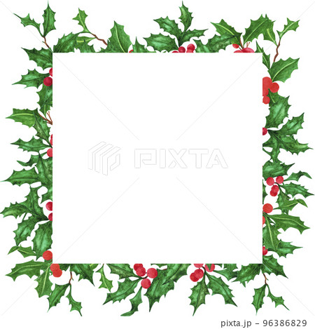 Hand drawn watercolor holly twig frame. Christmass and New Year symbol, decorative element. Scrapbook, poster, label, banner, post card. 96386829